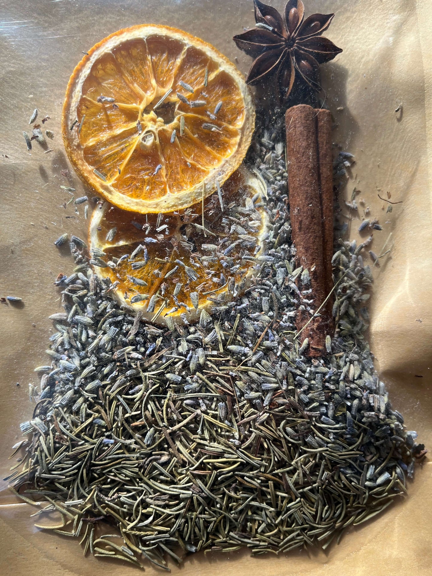 Seasonal Dry or Simmering Potpourris with dried orange, cinnamon stick, lavender, and star anise.