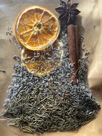 Seasonal Dry or Simmering Potpourris with dried orange, cinnamon stick, lavender, and star anise.