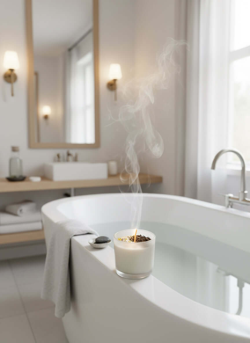 Mood Enhancing Glass Candles placed by a modern bathtub, releasing soothing aromatic smoke.