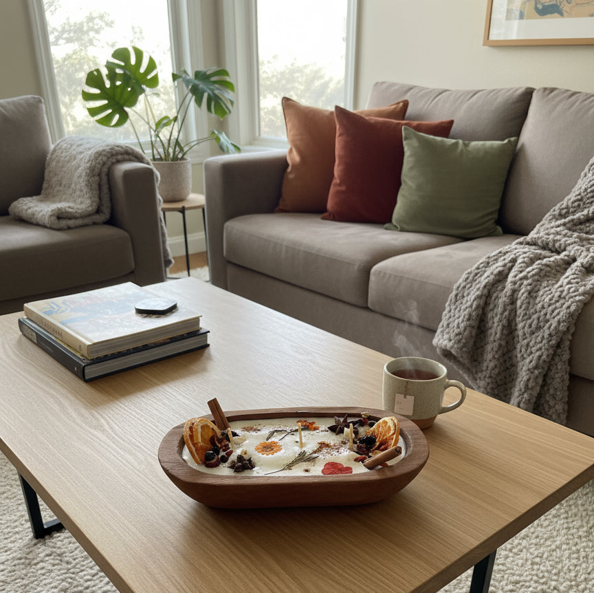 Cozy living room with a coffee table, fall candle with fruit and flowers, mug, and pillows on a sofa.