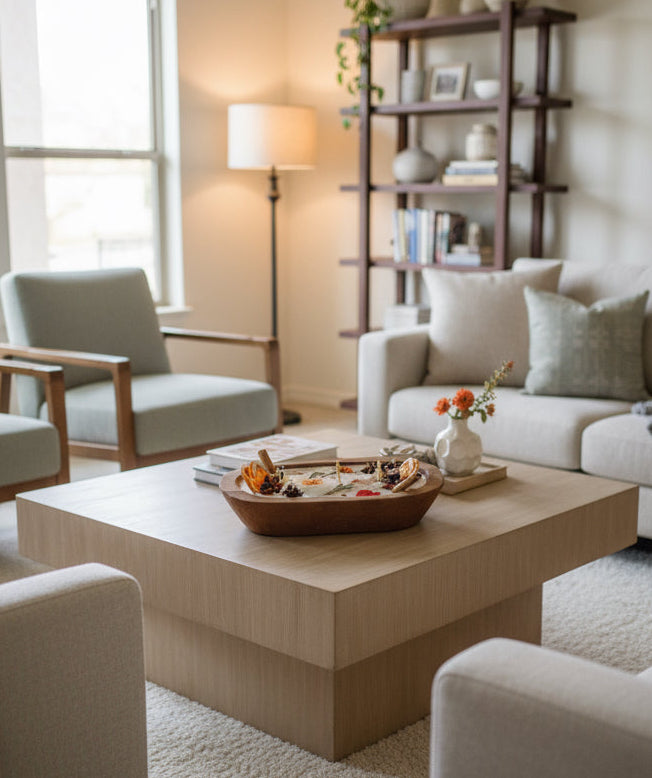 Modern living room with a coffee table, candle on top of it, chairs, and a bookshelf.