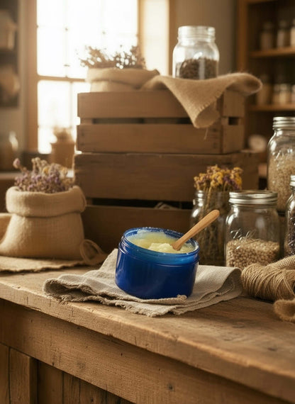 Exfoliante corporal de azúcar emulsionante en un frasco azul sobre una mesa de madera decorada con hierbas.