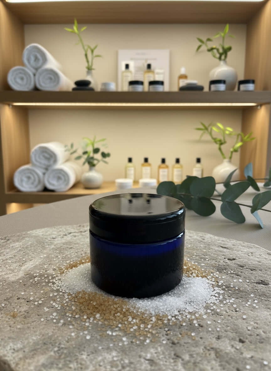 Exfoliante corporal de azúcar emulsionante en frasco negro sobre piedra con decoración minimalista.