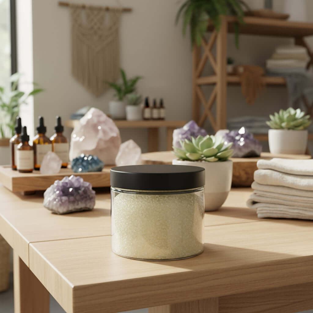 exfoliante corporal de azúcar emulsionante en frasco sobre mesa con decoraciones y productos de cuidado personal