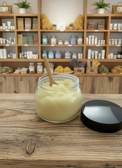 Exfoliante corporal de azúcar emulsionante en tarro con cuchara, ideal para una piel suave y radiante.