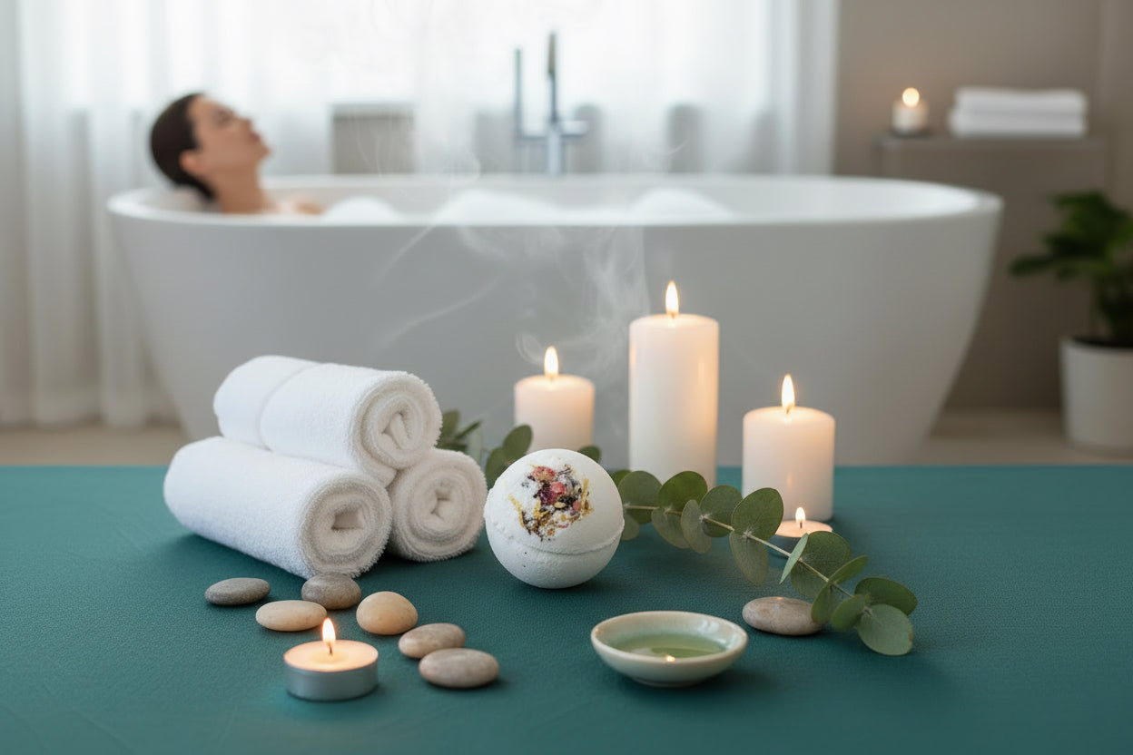 Bath Melts - Soothing 3 oz. featured in a serene spa setting with candles and towels.