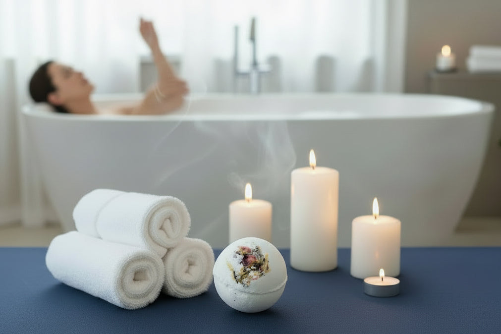 Bath Melts - Soothing 3 oz. for a calming bath experience with candles and towels in a relaxing setting.