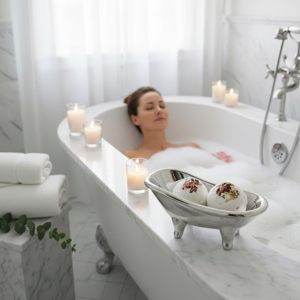 Bath Bomb Fizzies - 5-6 oz. sitting in a bowl next to a luxurious bathtub with candles and rose petals.