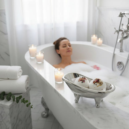Bath Bomb Fizzies - 5-6 oz. sitting in a bowl next to a luxurious bathtub with candles and rose petals.