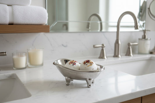 Therapeutic Foot Soak Bombs displayed in a decorative bowl on a marble bathroom counter with candles.