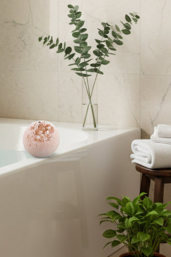 Bath Bomb Fizzies - 5-6 oz. displayed next to a fresh vase of eucalyptus in a serene bathroom setting.