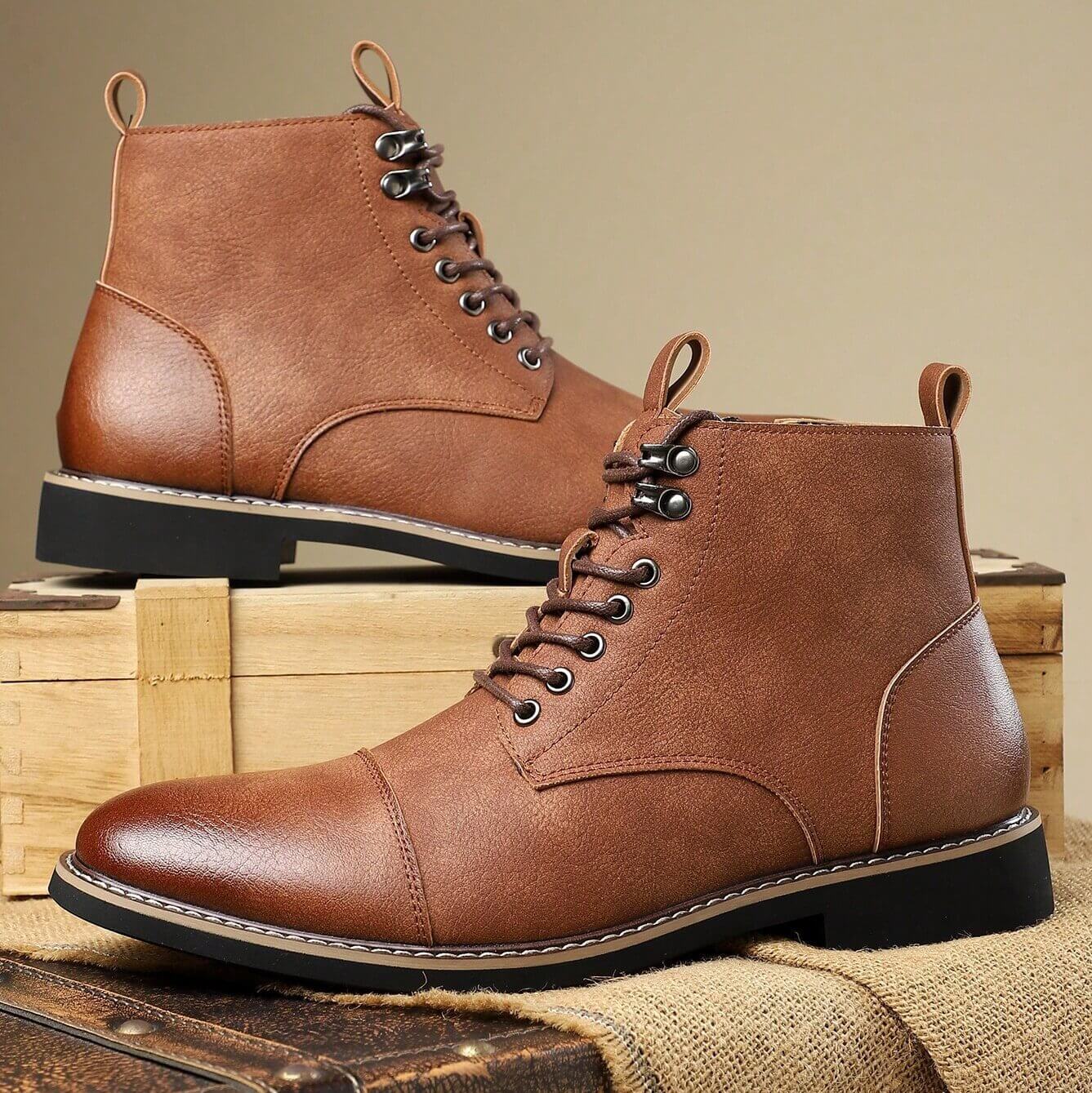 Stylish men's business casual boots in brown leather, perfect for work and versatile for any occasion.