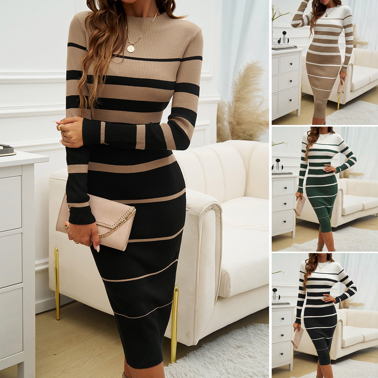 Enhance your wardrobe with our exquisitely striped midi dress, designed to flatter and contour your figure. Versatile enough to be dressed up or down, this dress effortlessly transitions from work to night. Elevate your style with this elegant and timeles