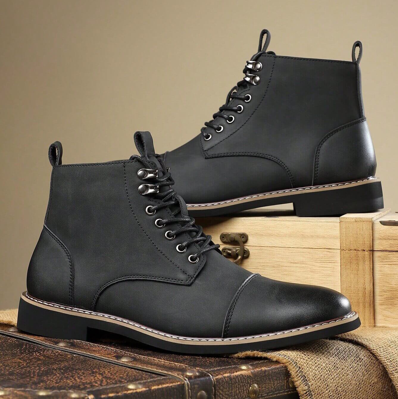 Stylish black men's business casual boots with lace-up design, perfect for versatile occasions and modern adventures.