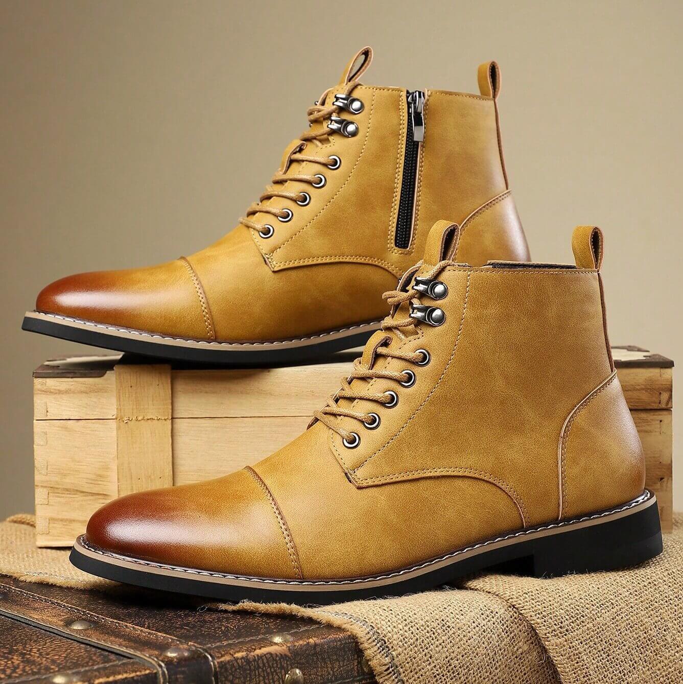 Stylish men's business casual boots in tan, featuring laces and a side zipper, perfect for work and outings.