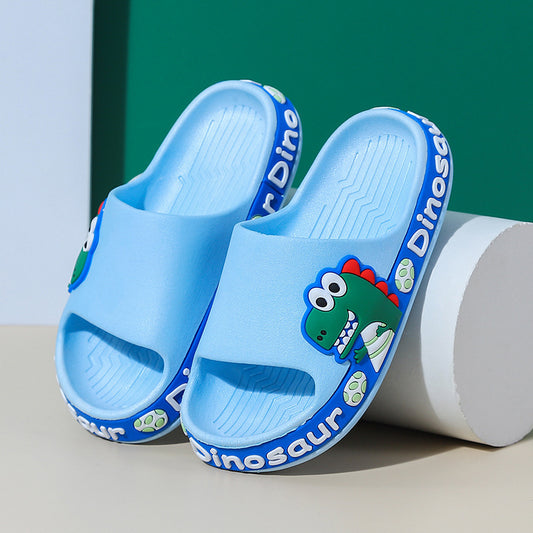 Children's cartoon dinosaur slippers in blue with a cheerful design, ideal for kids aged 7 to 12.