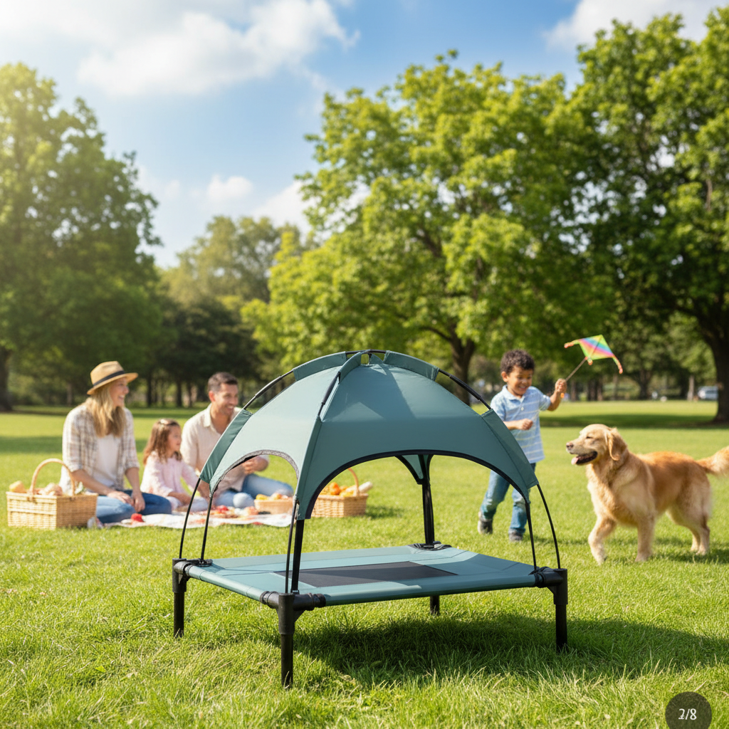 Pet cot with canopy on a white background