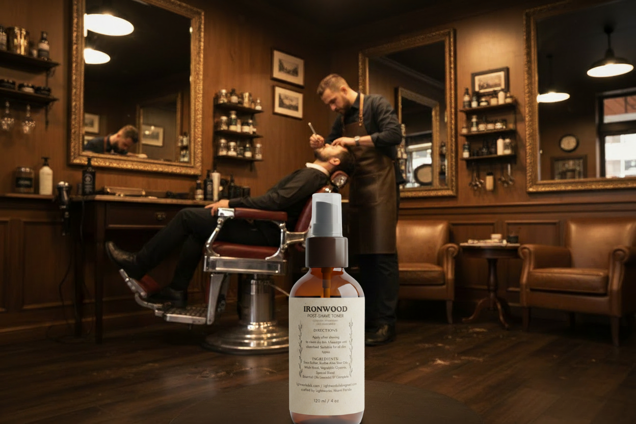 Barber shop interior with a barber attending to a customer, Ironwood 100 cologne bottle in foreground.