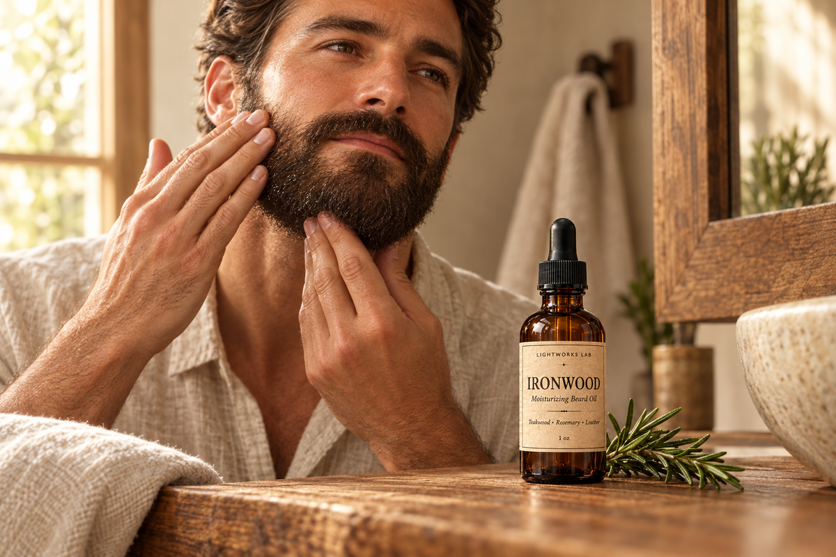 A bearded man applying Ironwood beard oil in a warm natural setting