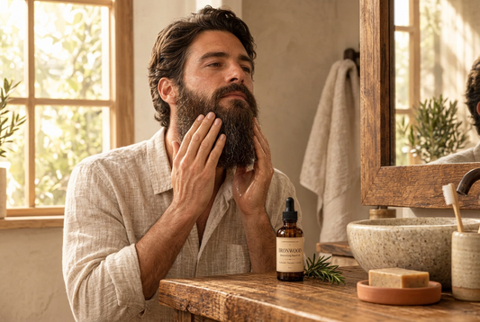 A bearded man applying Ironwood beard oil in a warm natural setting
