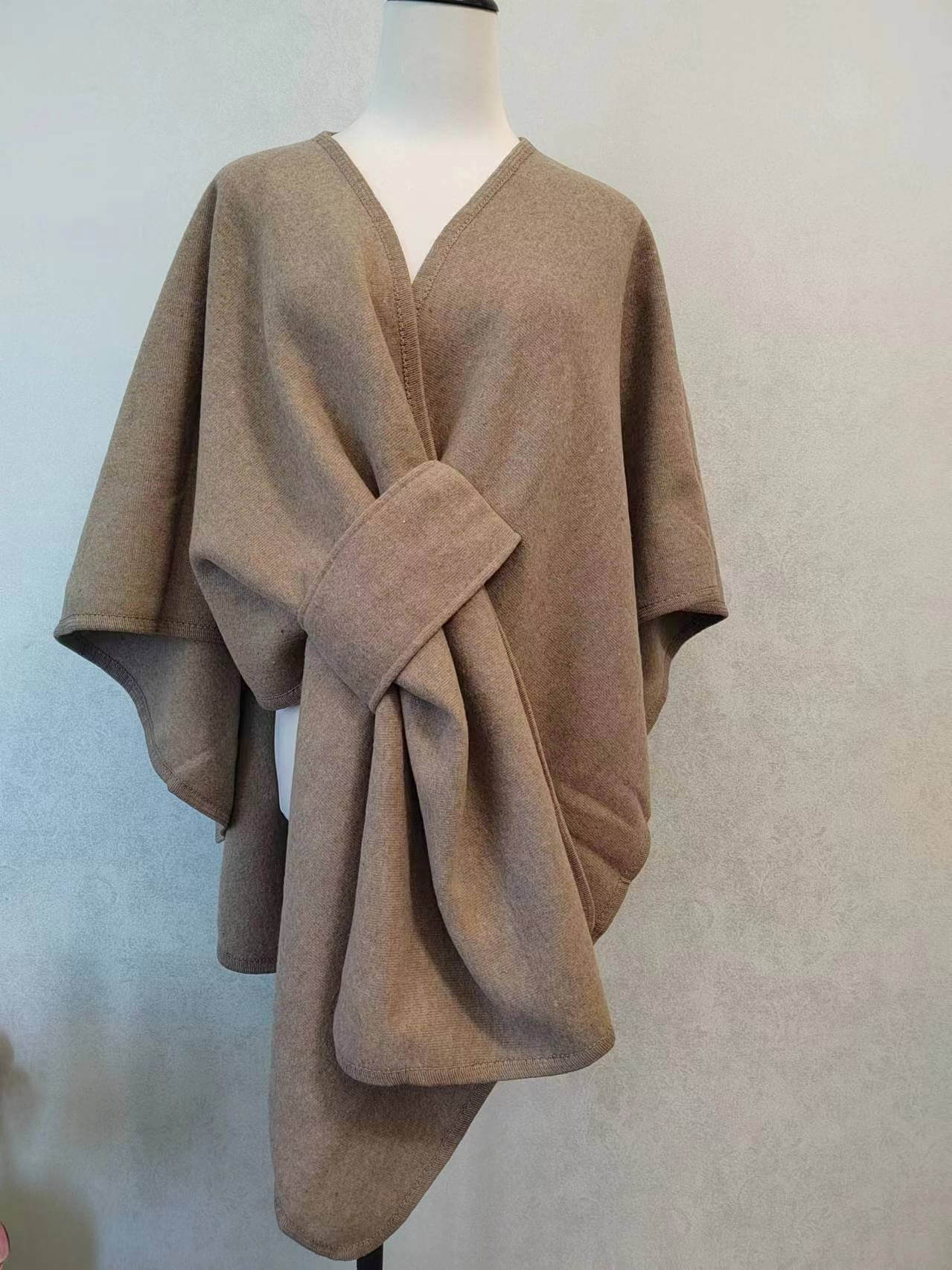 Women's Cotton Twill Cardigan Cape And Shawl displayed on a mannequin in an elegant taupe color.