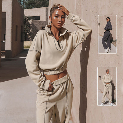 Active women's sweatshirt and pant set in beige, showcasing a cozy, stylish design perfect for casual occasions.