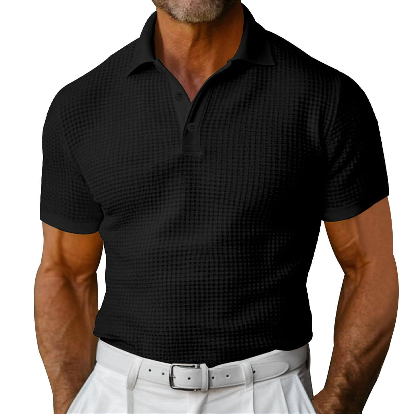 Men's Waffle Short Sleeve Polo Shirt in black, featuring a refined jacquard waffle knit for stylish comfort.