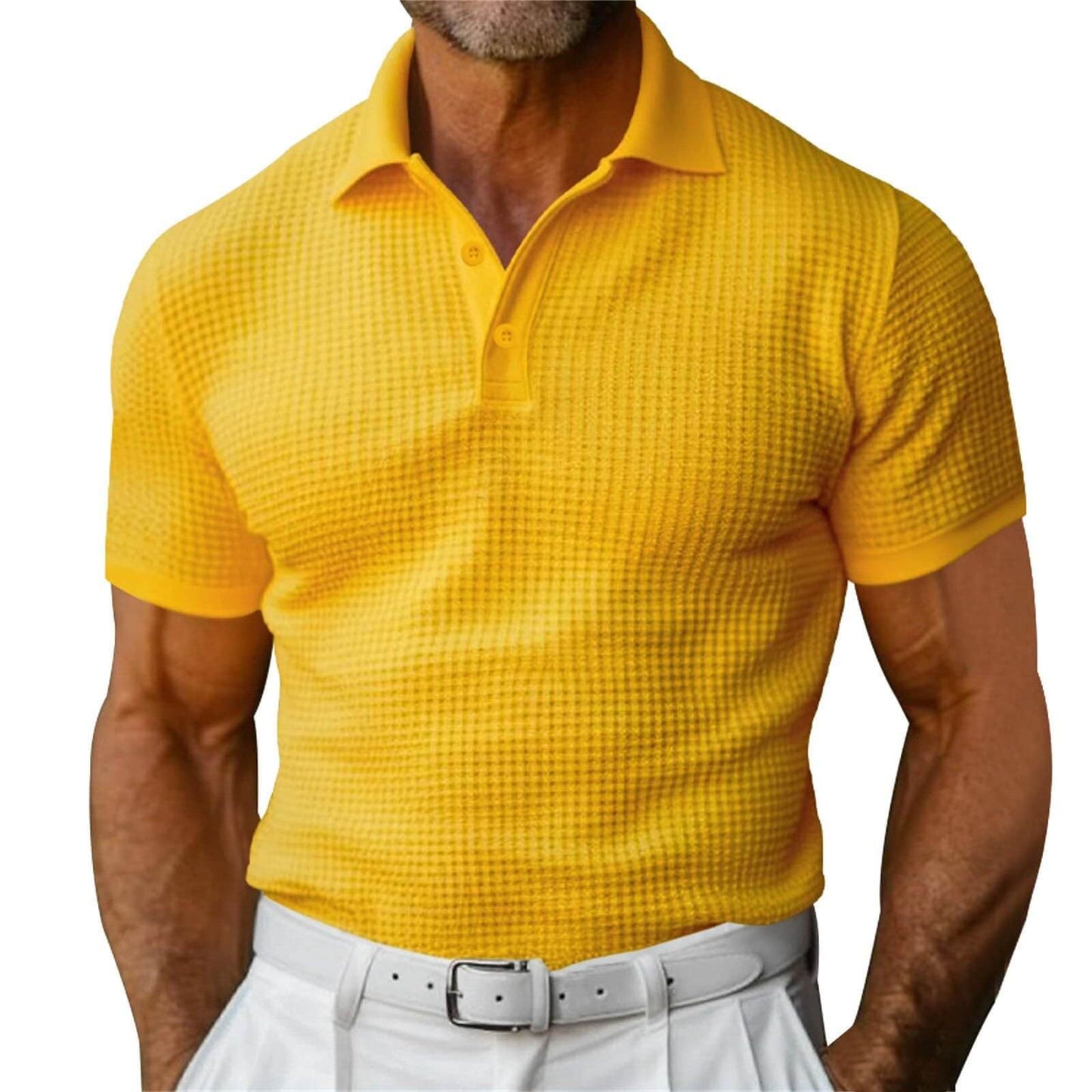Men's Waffle Short Sleeve Polo Shirt in vibrant yellow, designed for style and comfort during warm weather.