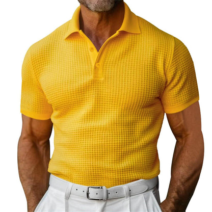 Men's Waffle Short Sleeve Polo Shirt in vibrant yellow, designed for style and comfort during warm weather.