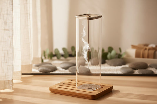Clear glass container with a wooden base on a warm-toned background