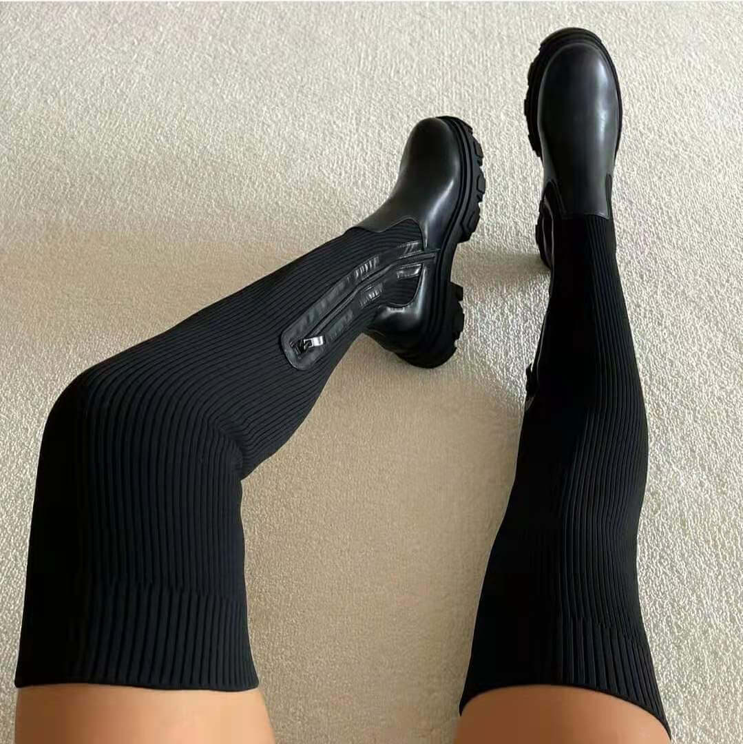 Over-Knee Sock Boots with Side Zipper in black, showcasing stylish ribbed design and side zipper feature.