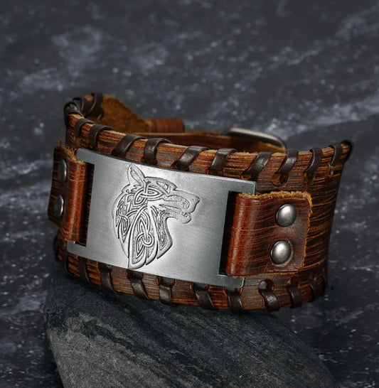 Leather Buckle Arm Cuff With Fenrir Design