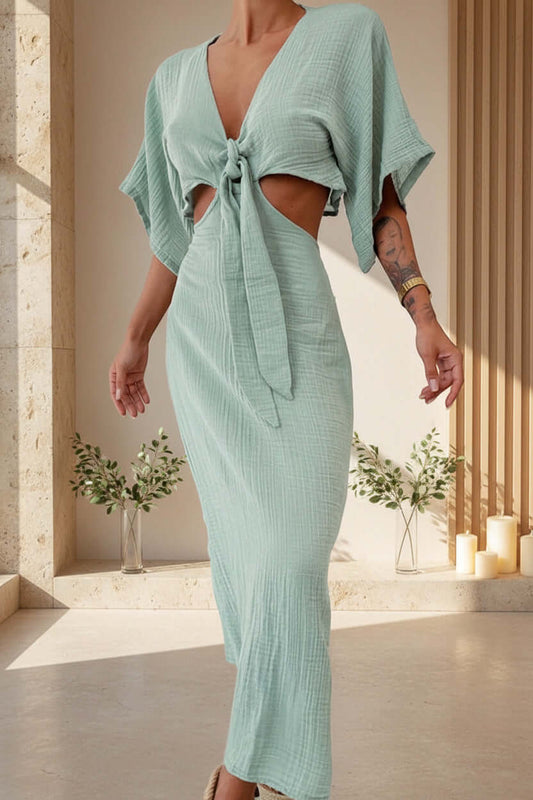 Women's Summer Time Maxi Dress featuring a V-neck and cut-out design in a soft mint color, perfect for summer outings.