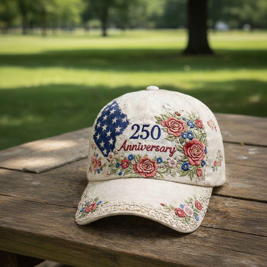 Cap with floral embroidery and '250 Anniversary' text on a wooden surface