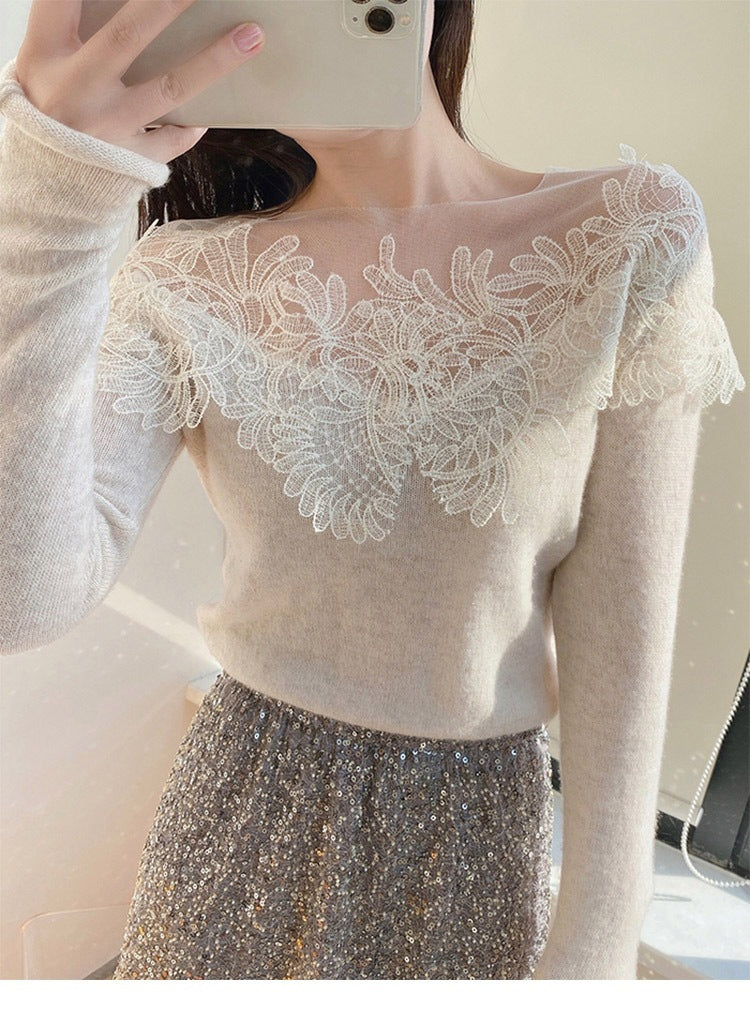 Women's Lace Stitching Embroidered Cashmere Sweater