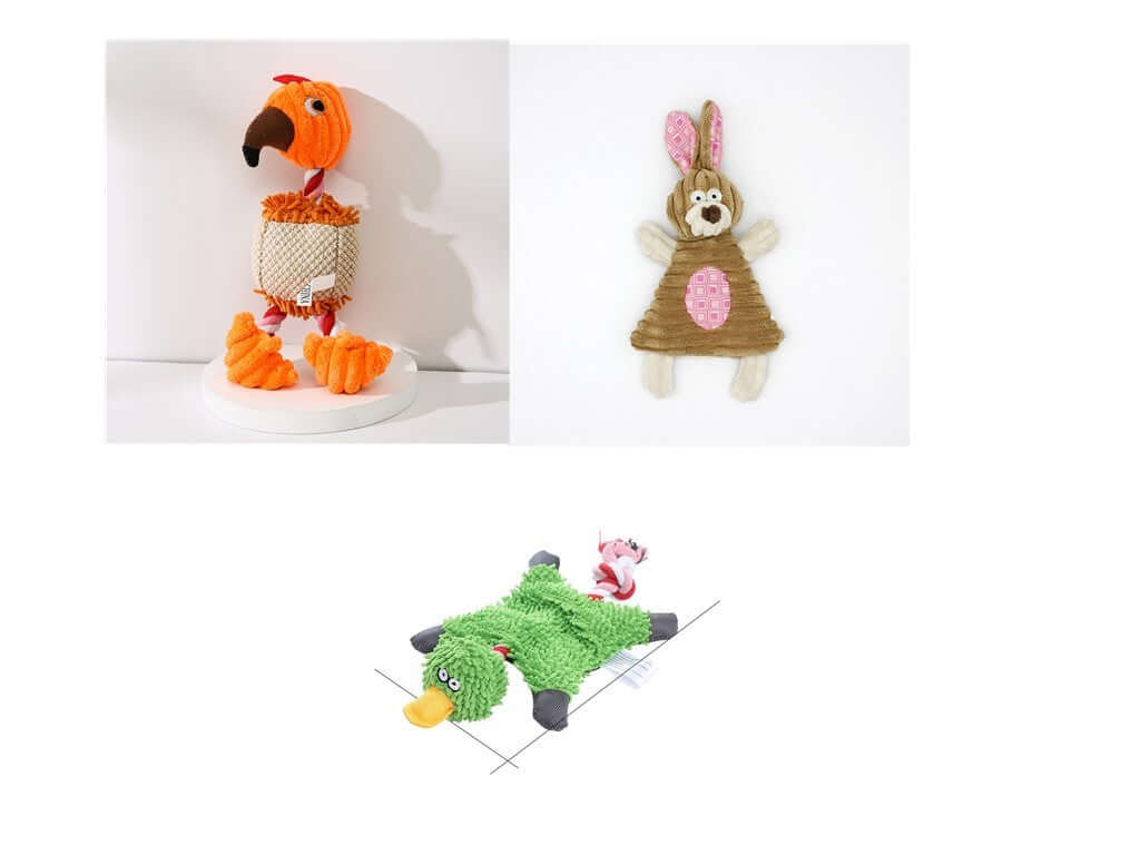 Squeaky Corduroy Chew Toys For Dogs featuring colorful animal designs including a bird, bunny, and playful gator.