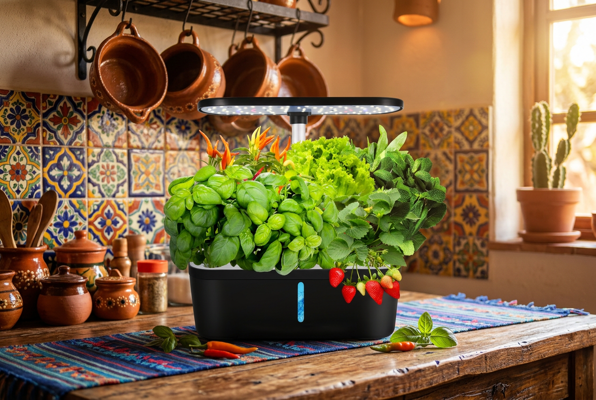 Black hydroponic planter growing herbs, chilies and strawberries in a warm Mexican kitchen with Talavera tiles
