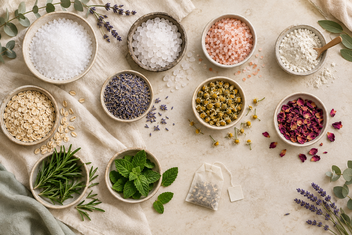Botanical and mineral soak ingredients flat lay