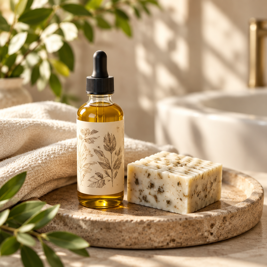 Botanical body oil and soap styled together in a sunlit spa setting