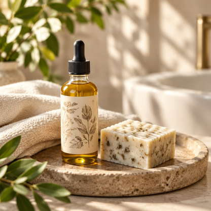 Botanical body oil and soap styled together in a sunlit spa setting