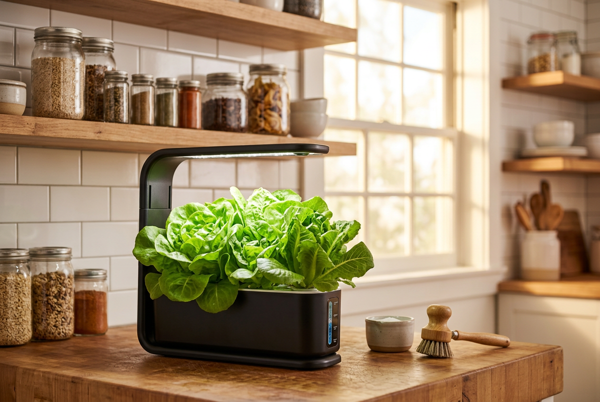 Compact black hydroponic planter on a butcher-block counter in a cozy farmhouse kitchen