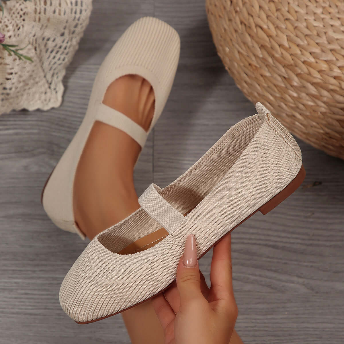 Womens Lightweight Breathable Knit Mesh Flats in beige with square toe and low heel design