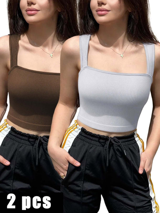 Women's 2 pack sports tops in brown and white, designed for comfort and support during workouts and outdoor activities.