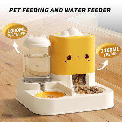 Pet feeding and water feeder with a yellow top and white base on a wooden floor.
