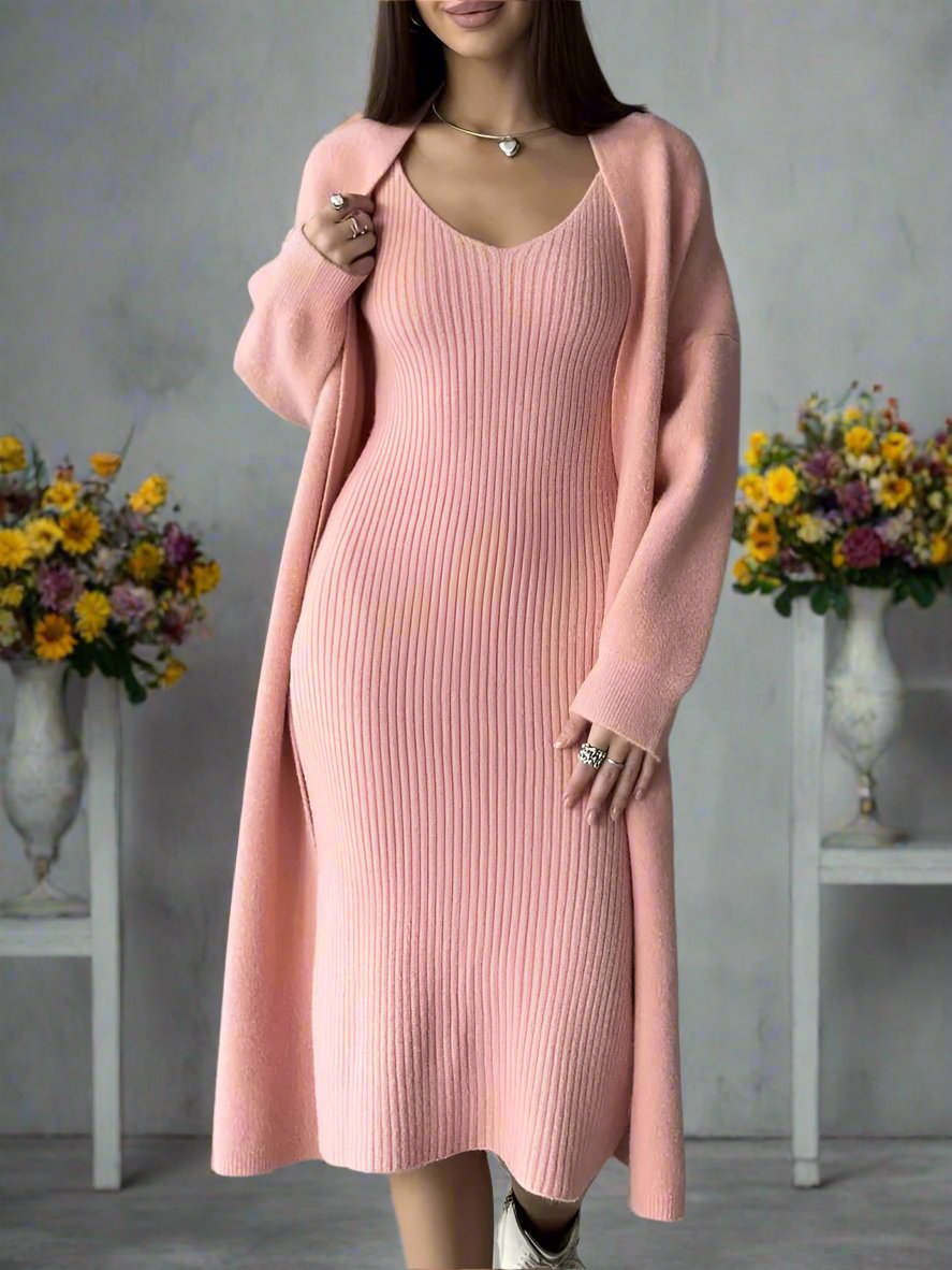 Women's 2 pc Knitted Slim Sleeveless Long Dress And Casual Loose Cardigan