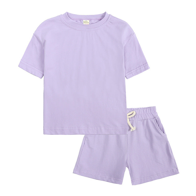 Kid's 2 pc Shorts and T-shirt Sets in lavender color, featuring a short-sleeve T-shirt and matching shorts.