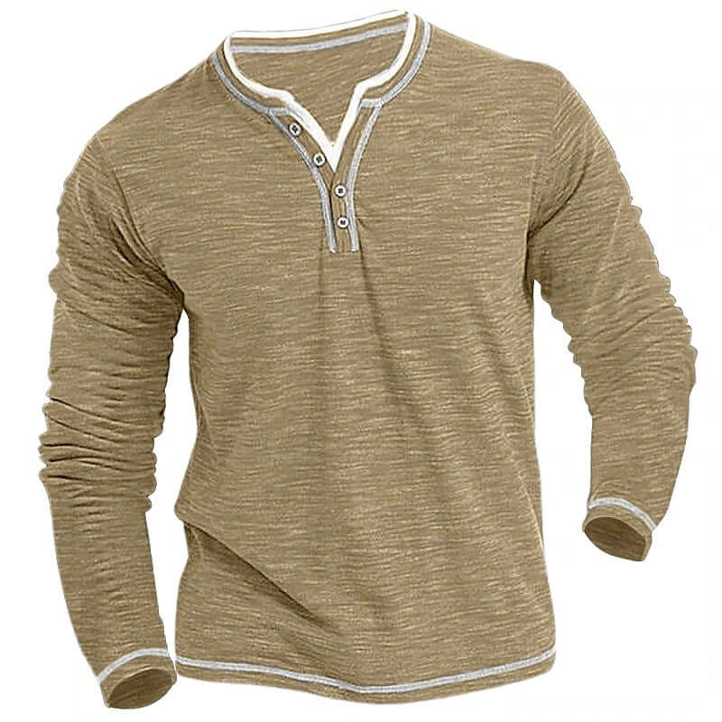 Men's Comfortable Soft Stretch Henley T-shirt in a stylish beige color.
