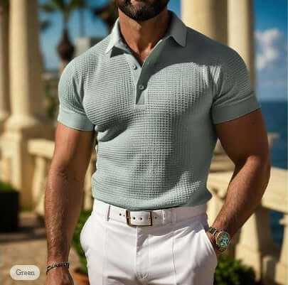 Men's Waffle Short Sleeve Polo Shirt displayed in a stylish outdoor setting, highlighting both comfort and sophistication.