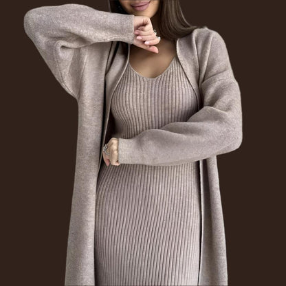 Women's 2 pc Knitted Slim Sleeveless Long Dress And Casual Loose Cardigan