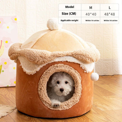 Ice Cream House Pet Bed featuring a small dog snug inside, crafted from ultra-soft crystal velvet plush.